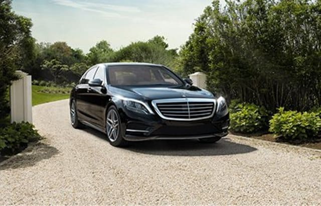 black Mercedes S class chauffeured wedding car hire in Melbourne waiting for customers